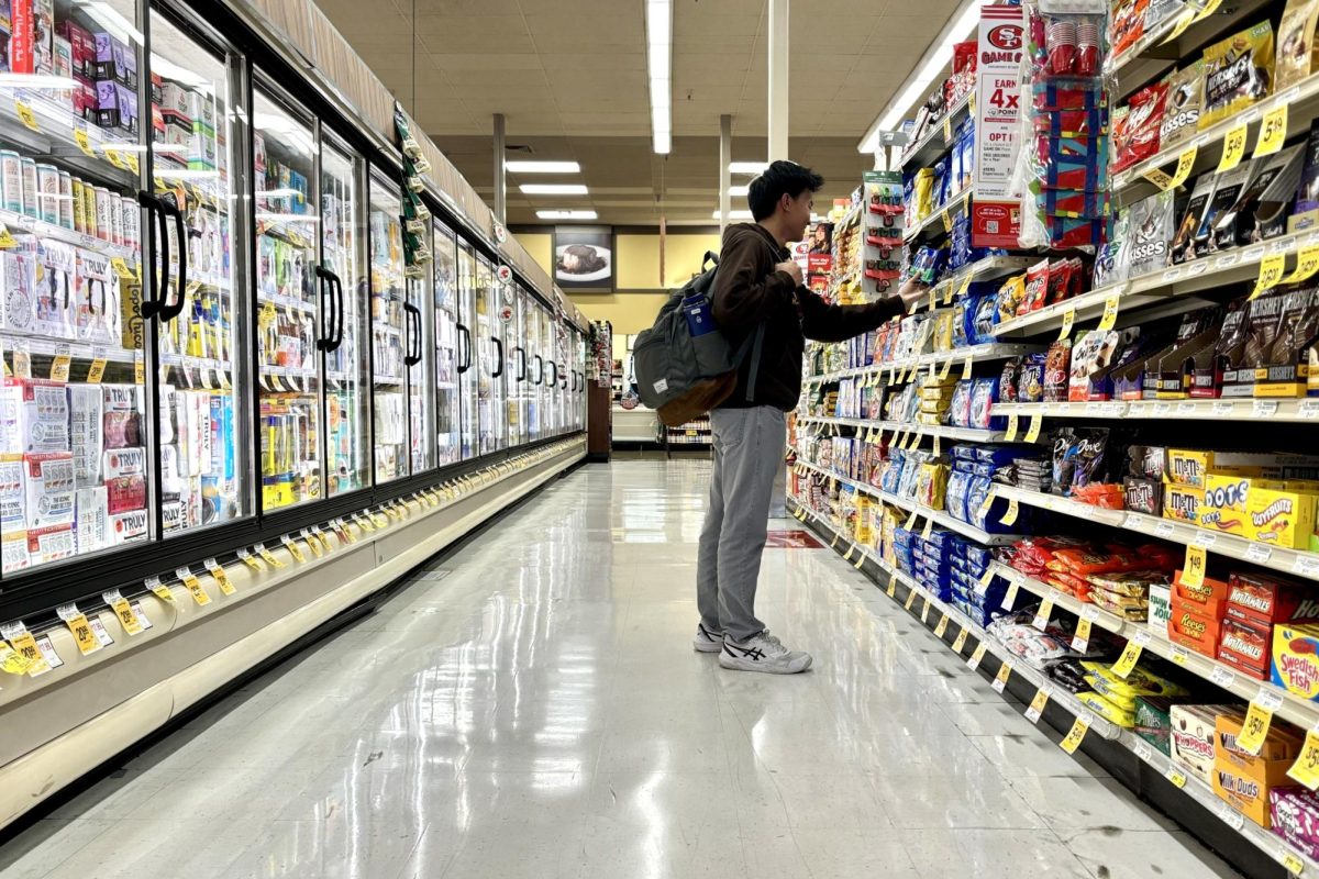 Dominic So ('27) shopping in a grocery store aisle.
