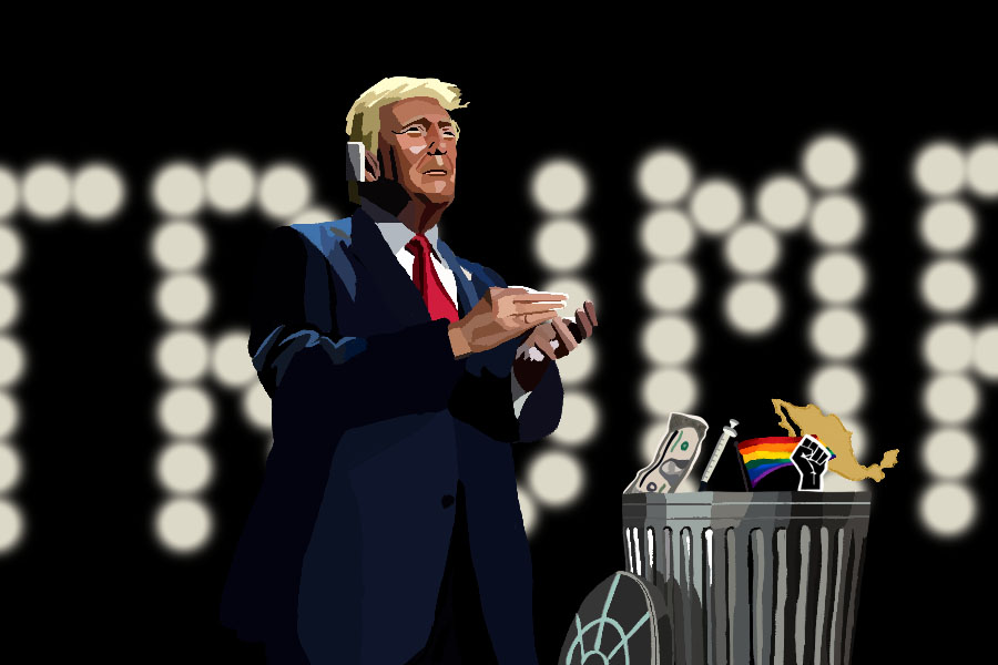 A drawing of President Trump giving a speech, accompanied by a trash can holding some of the concerns of the 2024 presidential election.