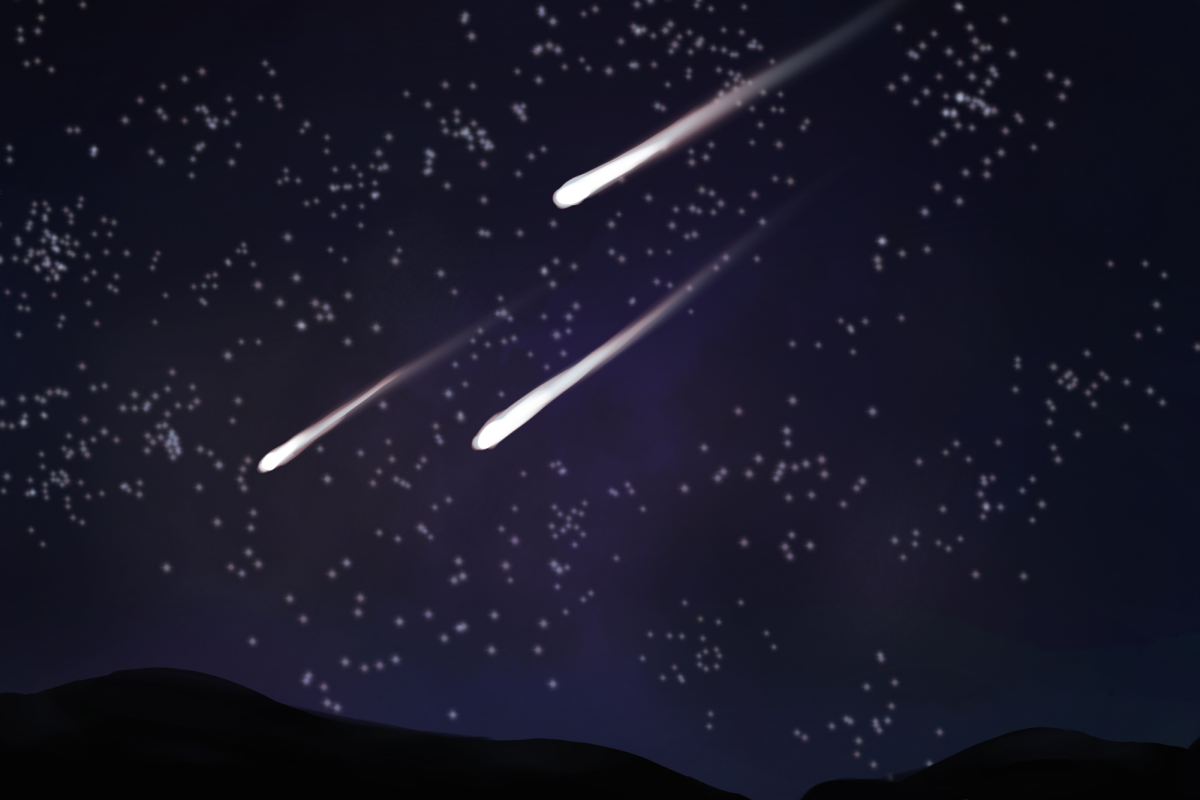 Artist's impression of a meteor shower's stunning visuals in the night sky.