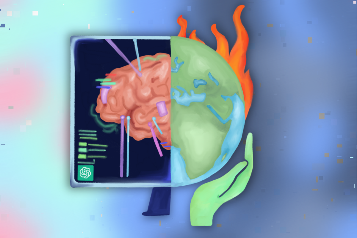 A computer featuring artificial intelligence on the left and an Earth burning on the right blend to show the effects of AI on climate change.