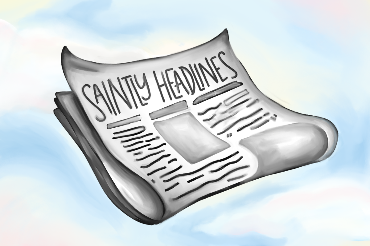 An artistic depiction of San Juan Diego's newspaper, Saintly Headlines.