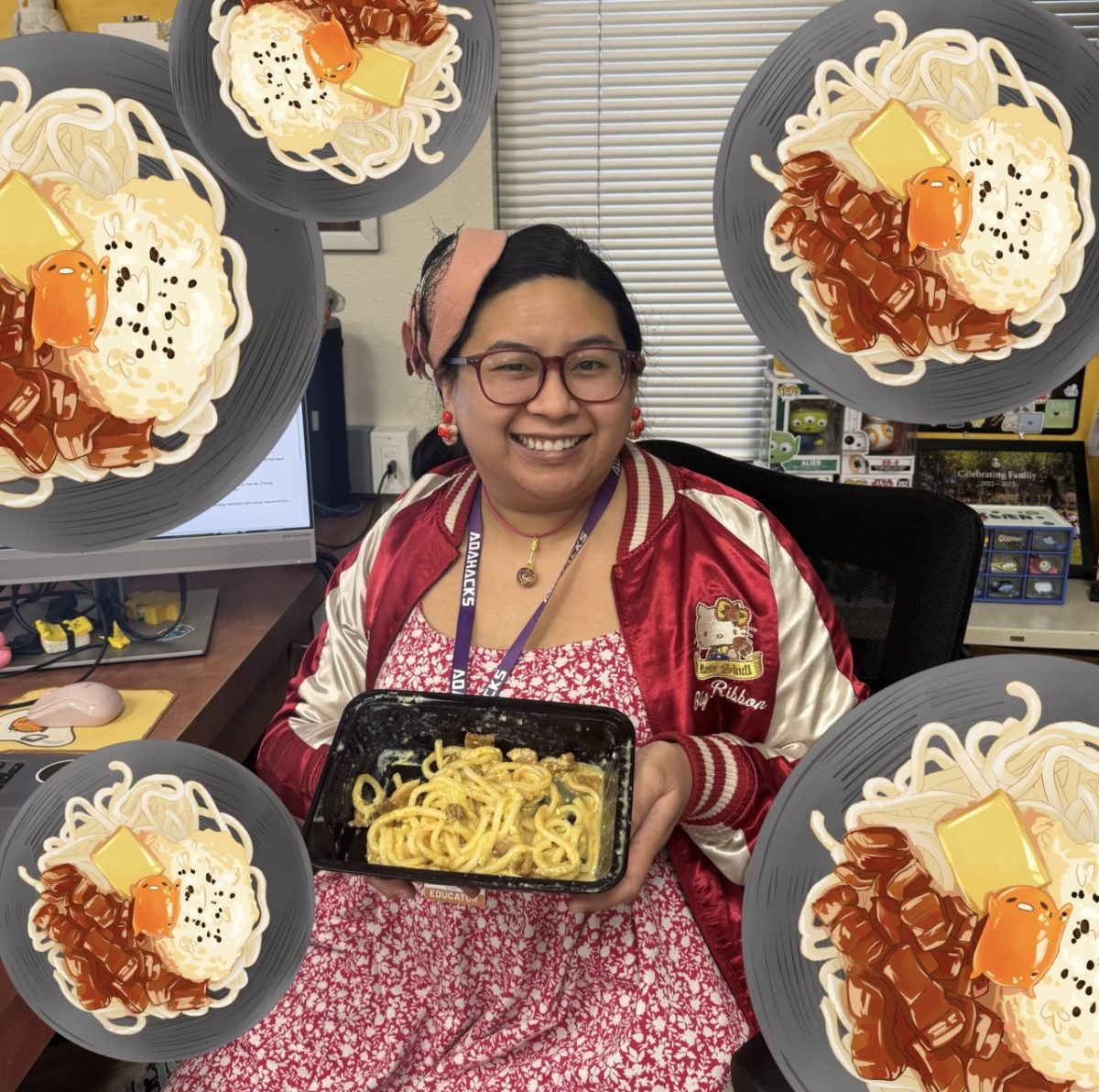 Mrs. Vollucci poses with her pork belly carbonara udon.