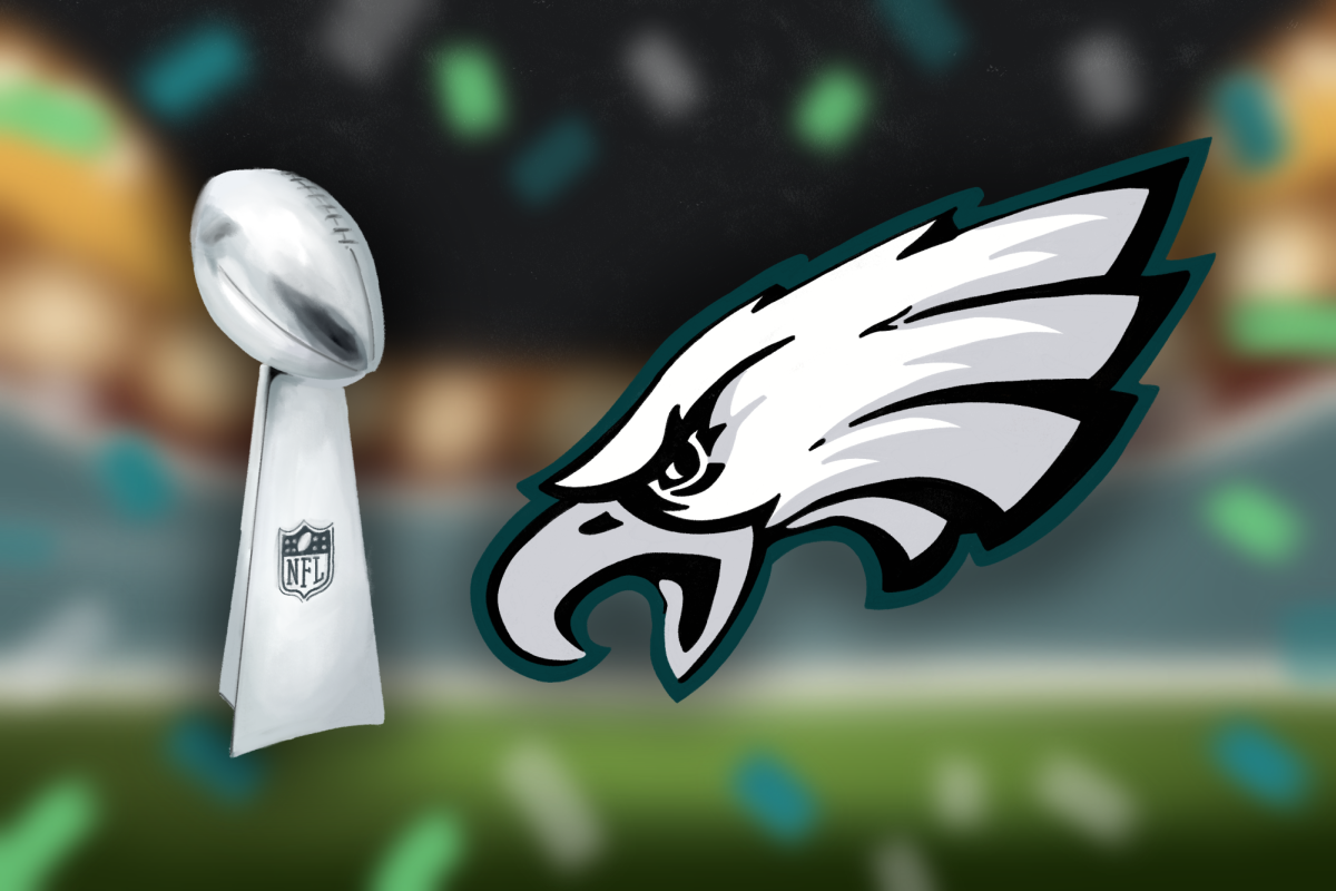 The Eagles logo next to the Lombardi trophy, in front of a stadium with falling confetti to celebrate their win.