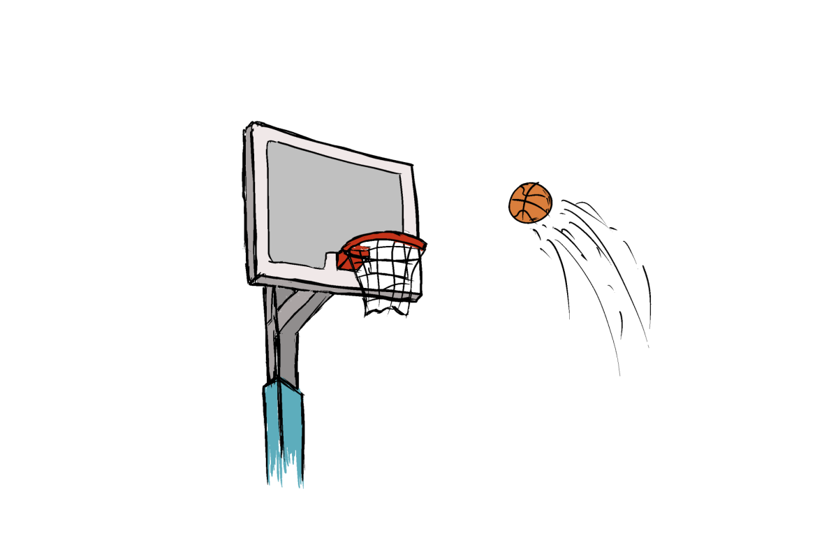 A basketball is shot through the air.