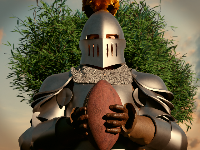The Lancer mascot holds a football.
