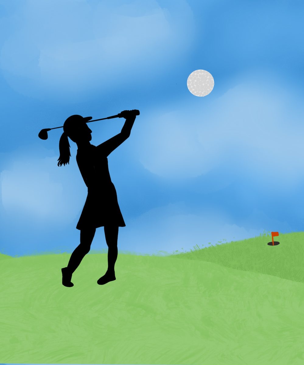 Golfer hits a ball toward the hole.