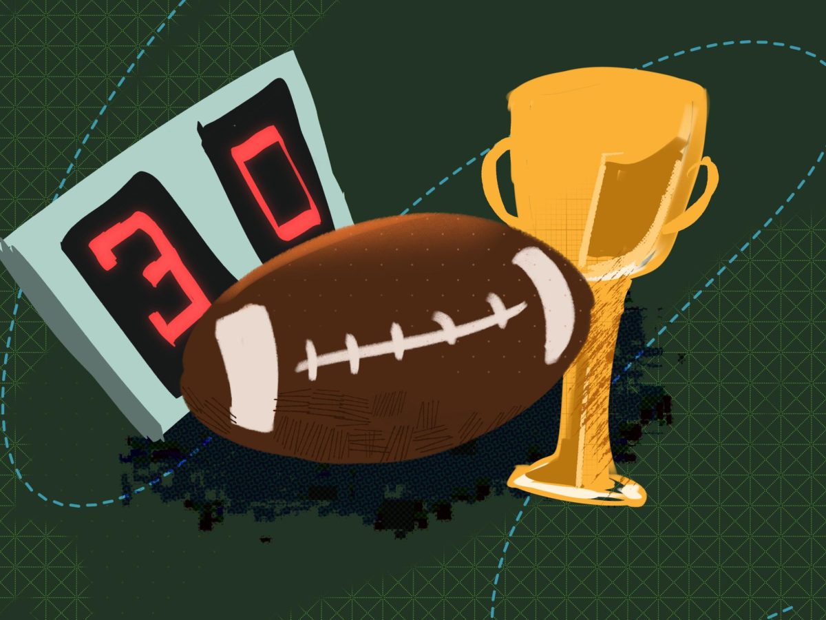A football, trophy, and scoreboard.