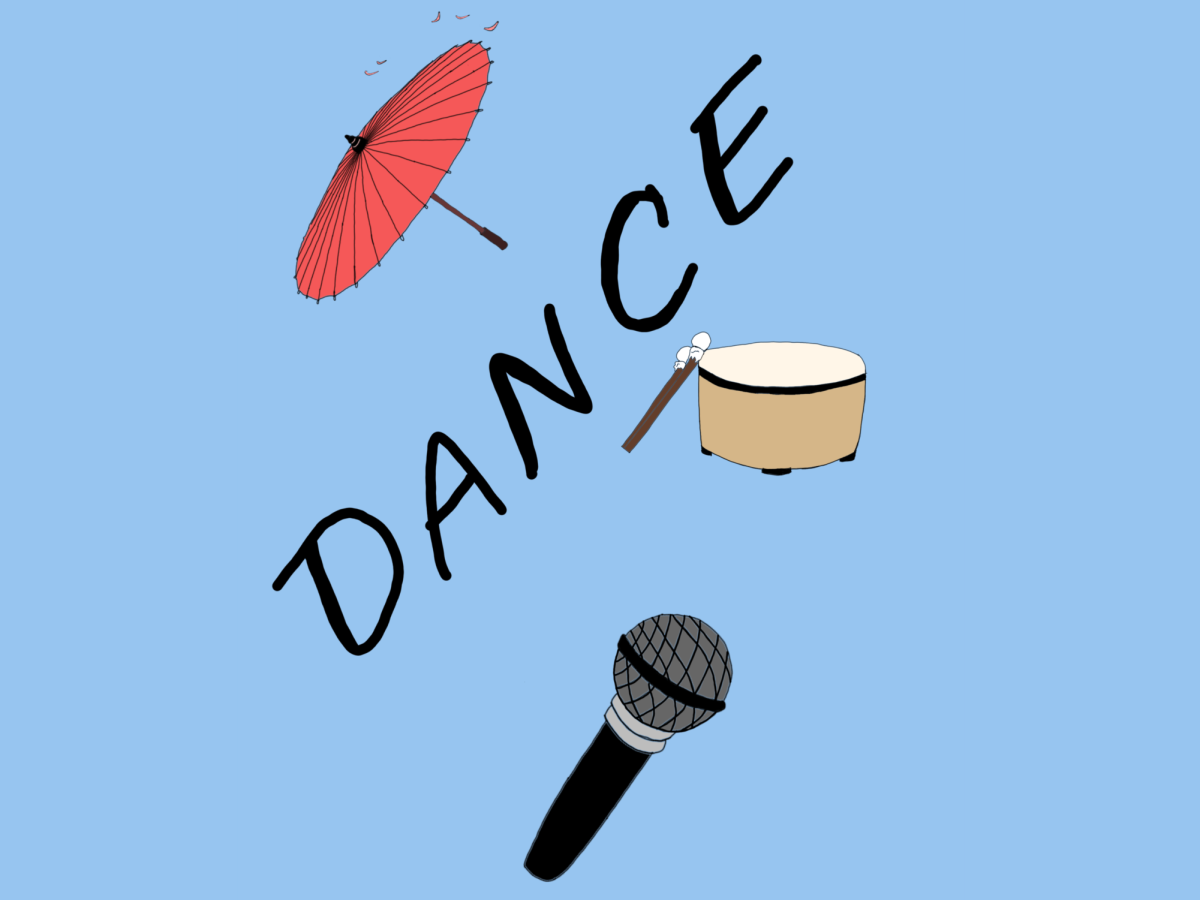 Image of umbrella, drum, and microphone.