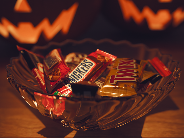 A bowl of spooky Halloween candy.