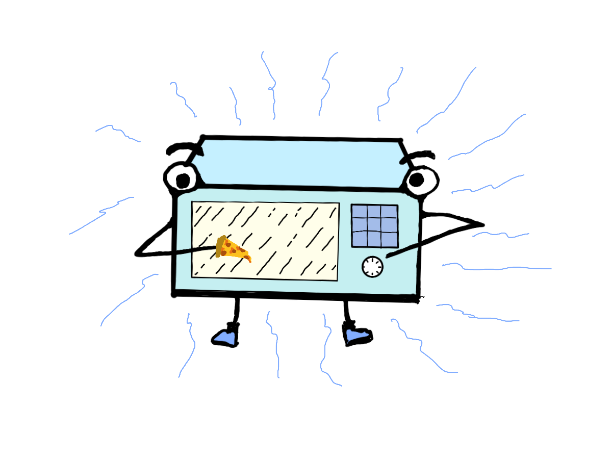 A microwave stares at a reheated slice of pizza.