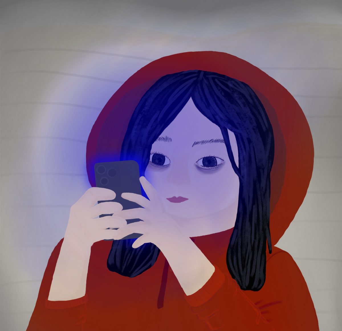 A restless girl stares at her phone screen.