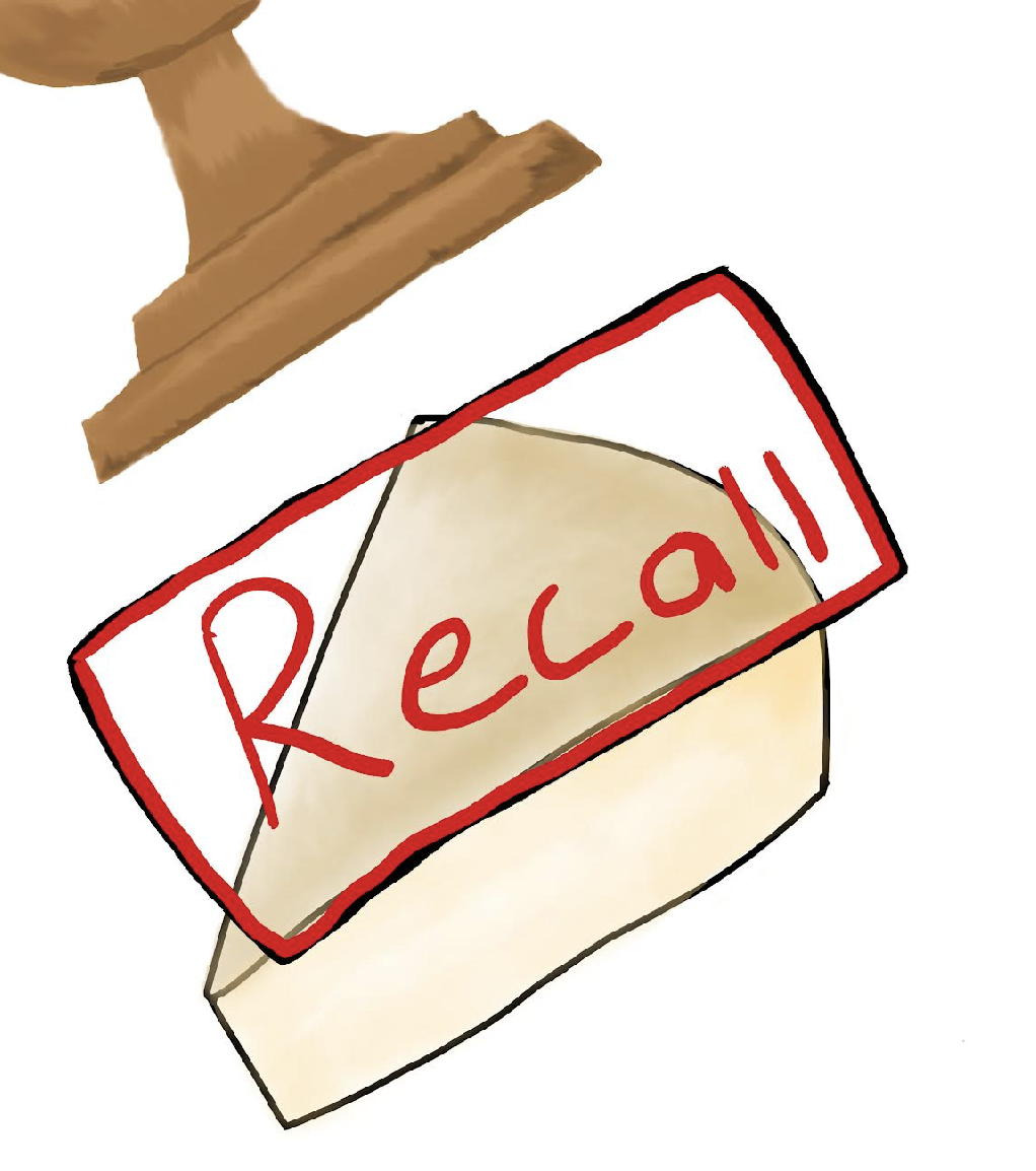 A wedge of cheese being stamped with "Recall" label.