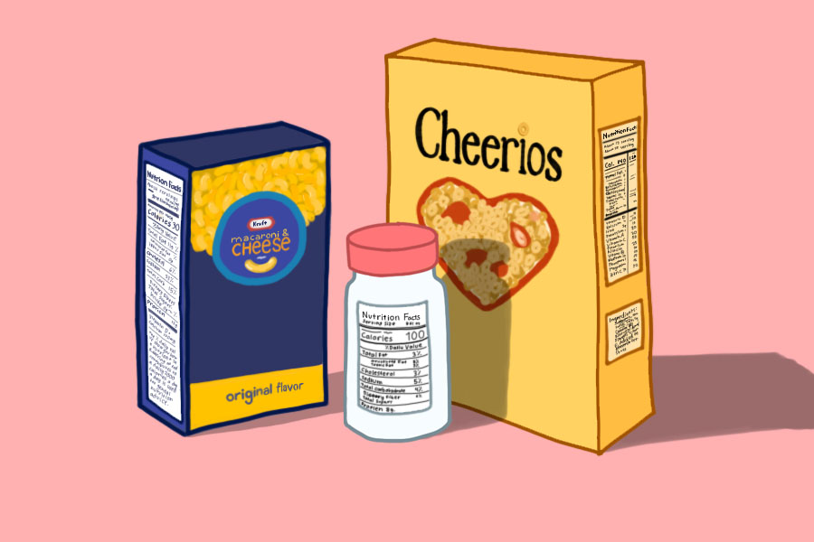 Labels on a food product.