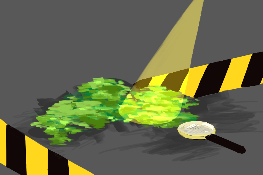 Moss is inspected at the crime scene.