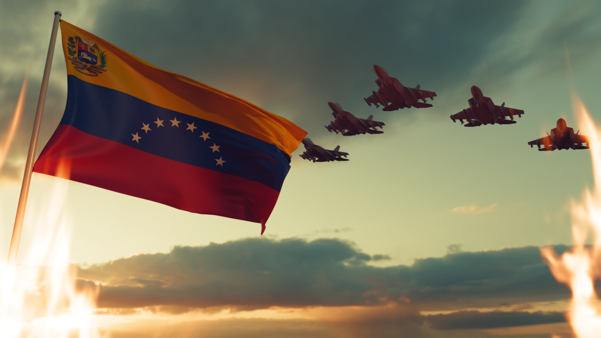 Rendering of a squadron of US fighter jets flying over Venezuela.