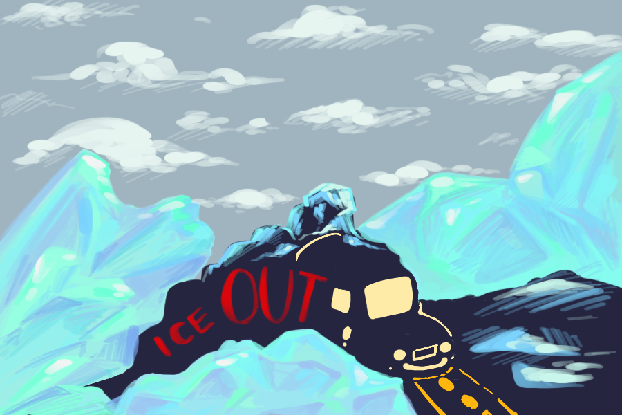 A truck mows down melting ice.