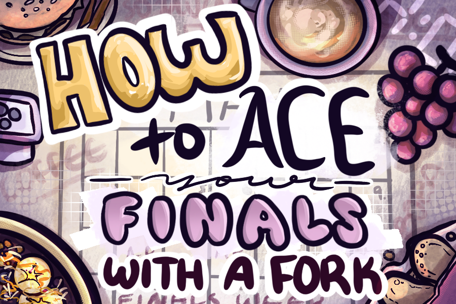 Background image of a calendar marking finals week with an assortment of food items in the foreground.