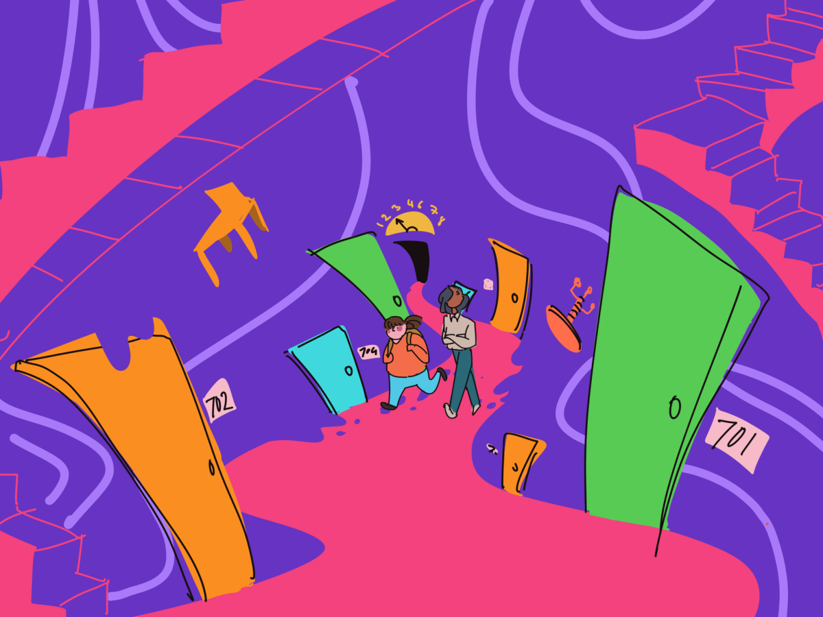 Entering the warped world of the 700s building.