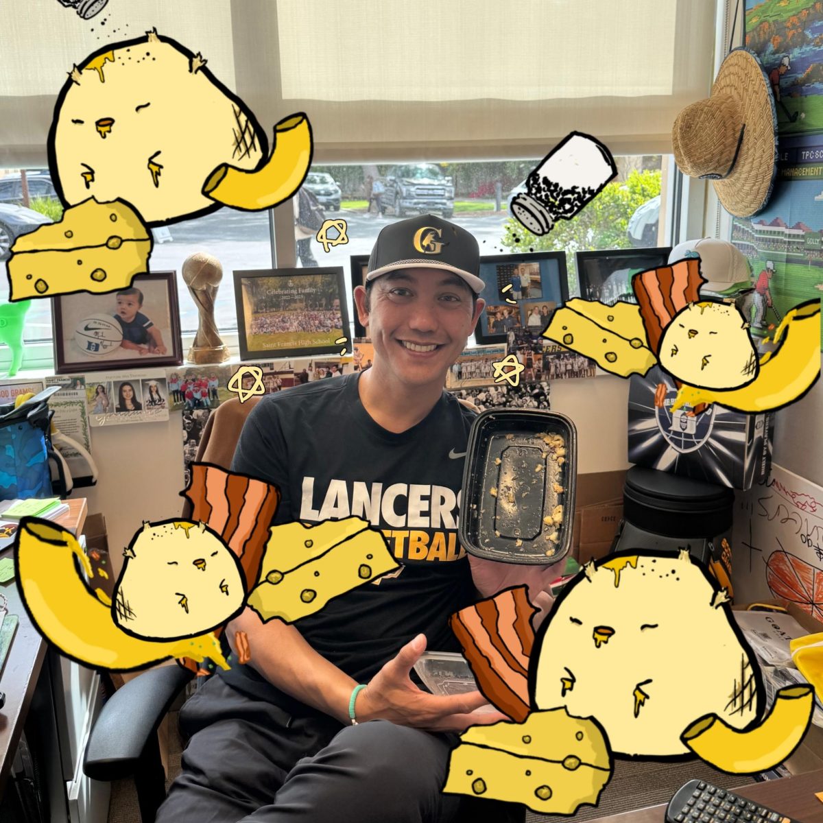 Mr. Ramirez posing with cute chicken bacon mac and cheese ingredients (and an empty bowl!).