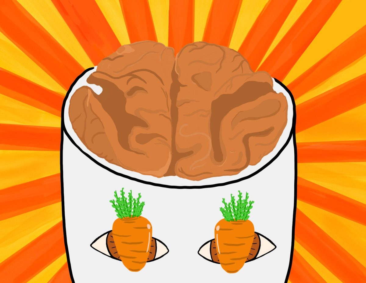 Carrot-filled eyes stare intensely as a walnut-shaped brain peeks out the top of a person's head.