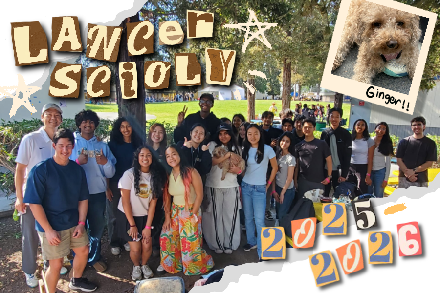 Lancer Science Olympiad team at Santa Clara Regionals Tournament featuring Rachael Jin's ('26) dog Ginger.
