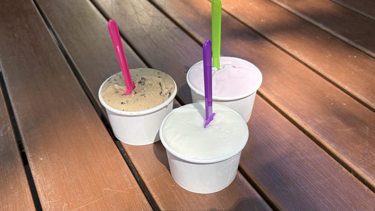 Cappuccino chip (left), honey lavender (middle), and burgundy cherry (right) gelato from Gelato Classico Italian Ice Cream.
