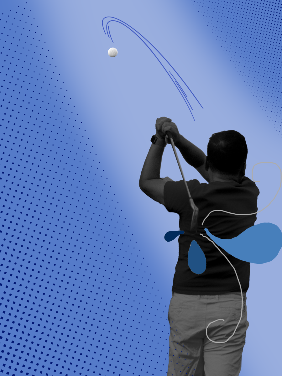 Person hitting a golf ball.