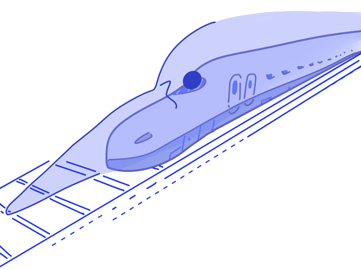 A suspiciously bird-shaped train bounds down the tracks.