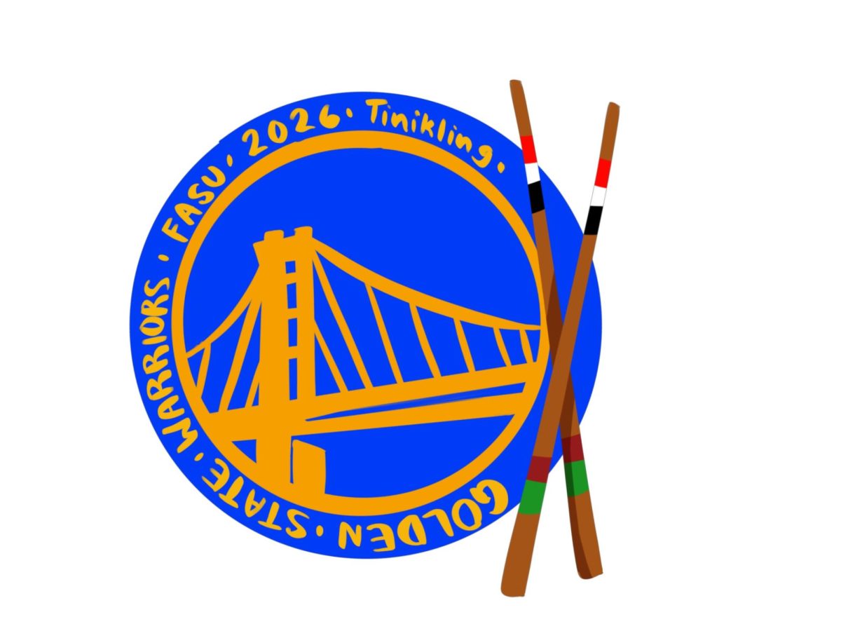 The Warriors logo with bamboo poles.