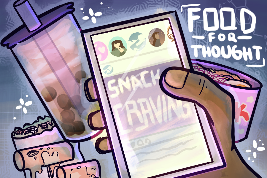 With a stash of snacks behind their phone, a person's feed shows a post about snack cravings.