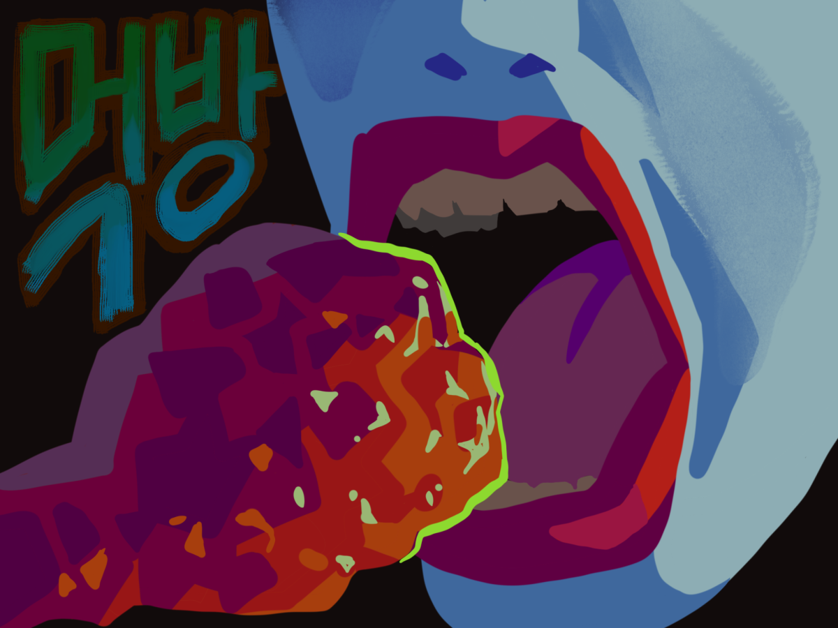 A pair of teeth begin to devour a chicken wing.