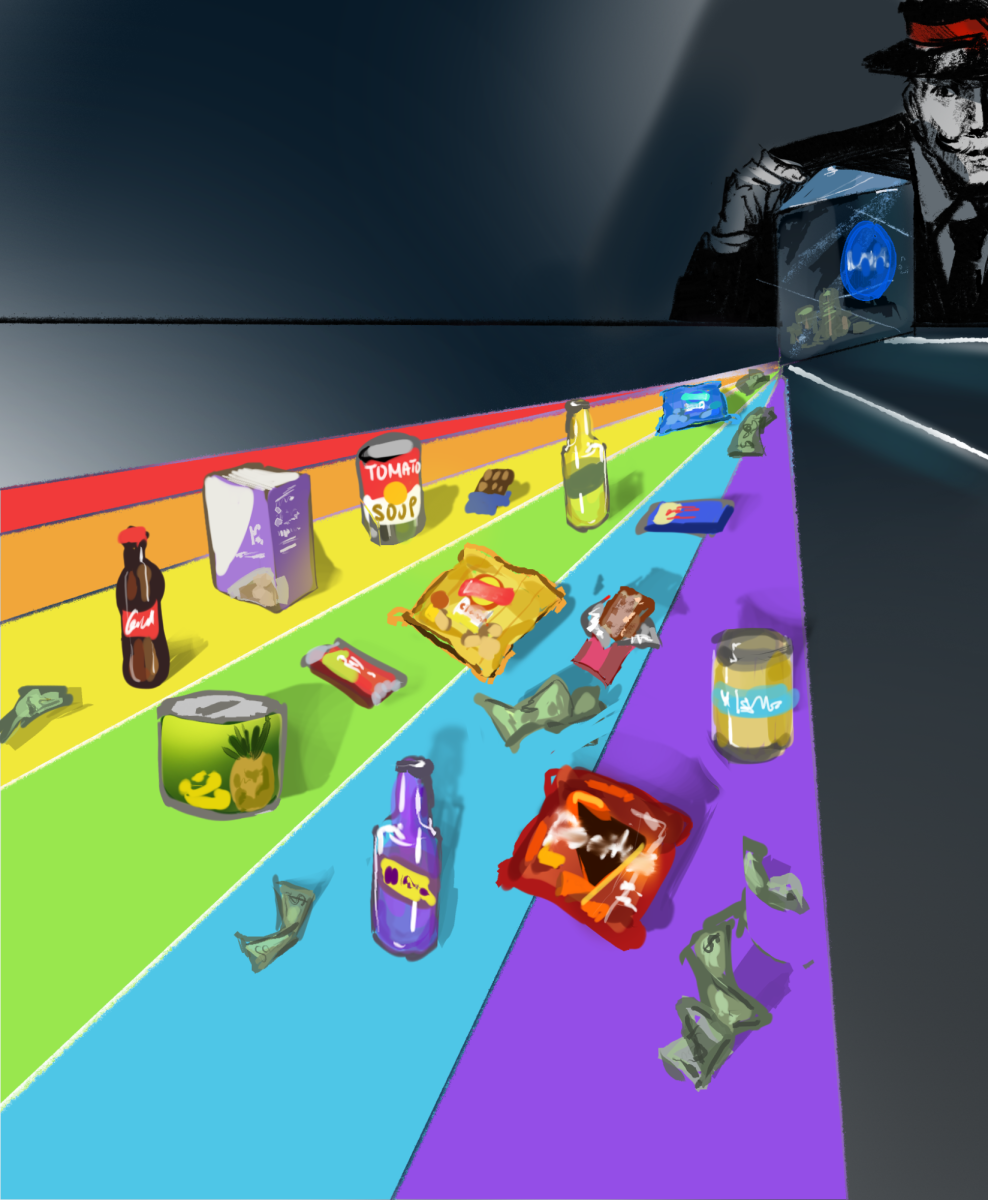 A businessman uses a glass prism box to refract light on grocery store products.
