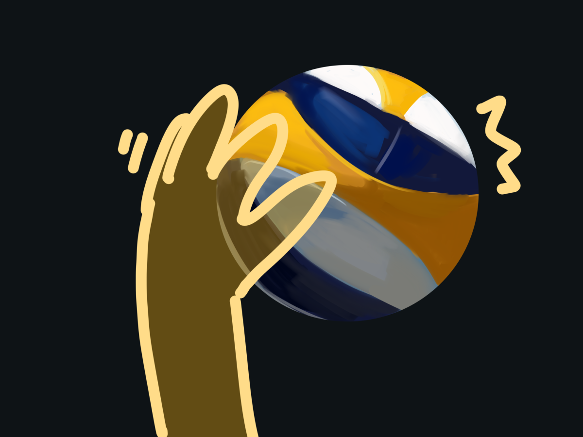 A hand spikes a volleyball.