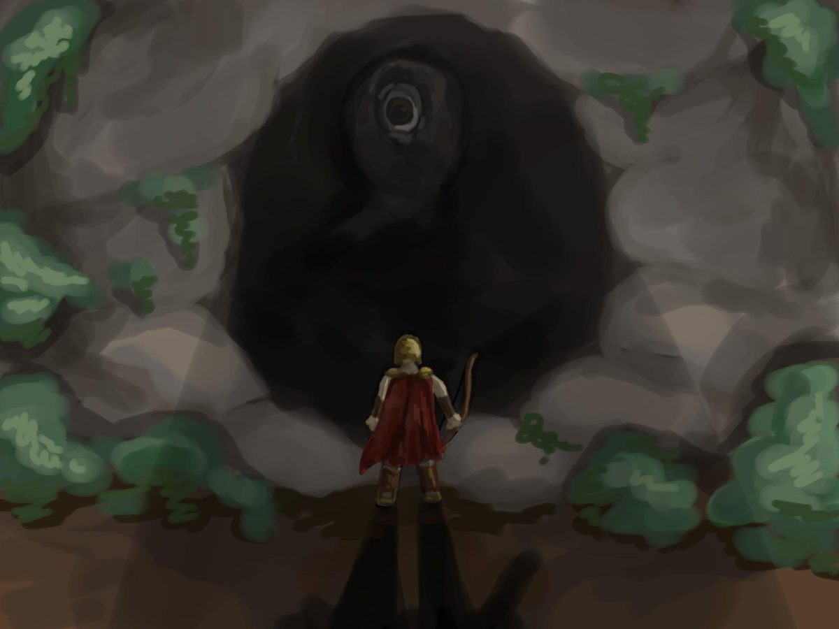 Odysseus stands in front of Polyphemus.