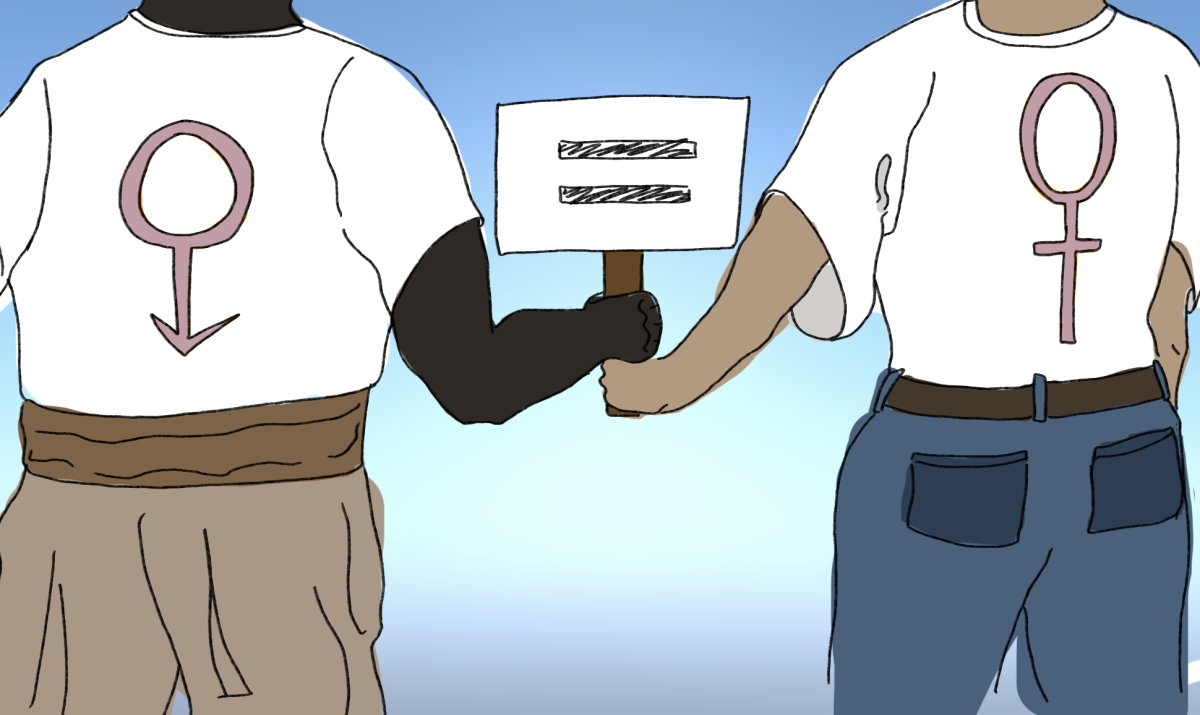 Protestors hold up a sign calling for gender equality.